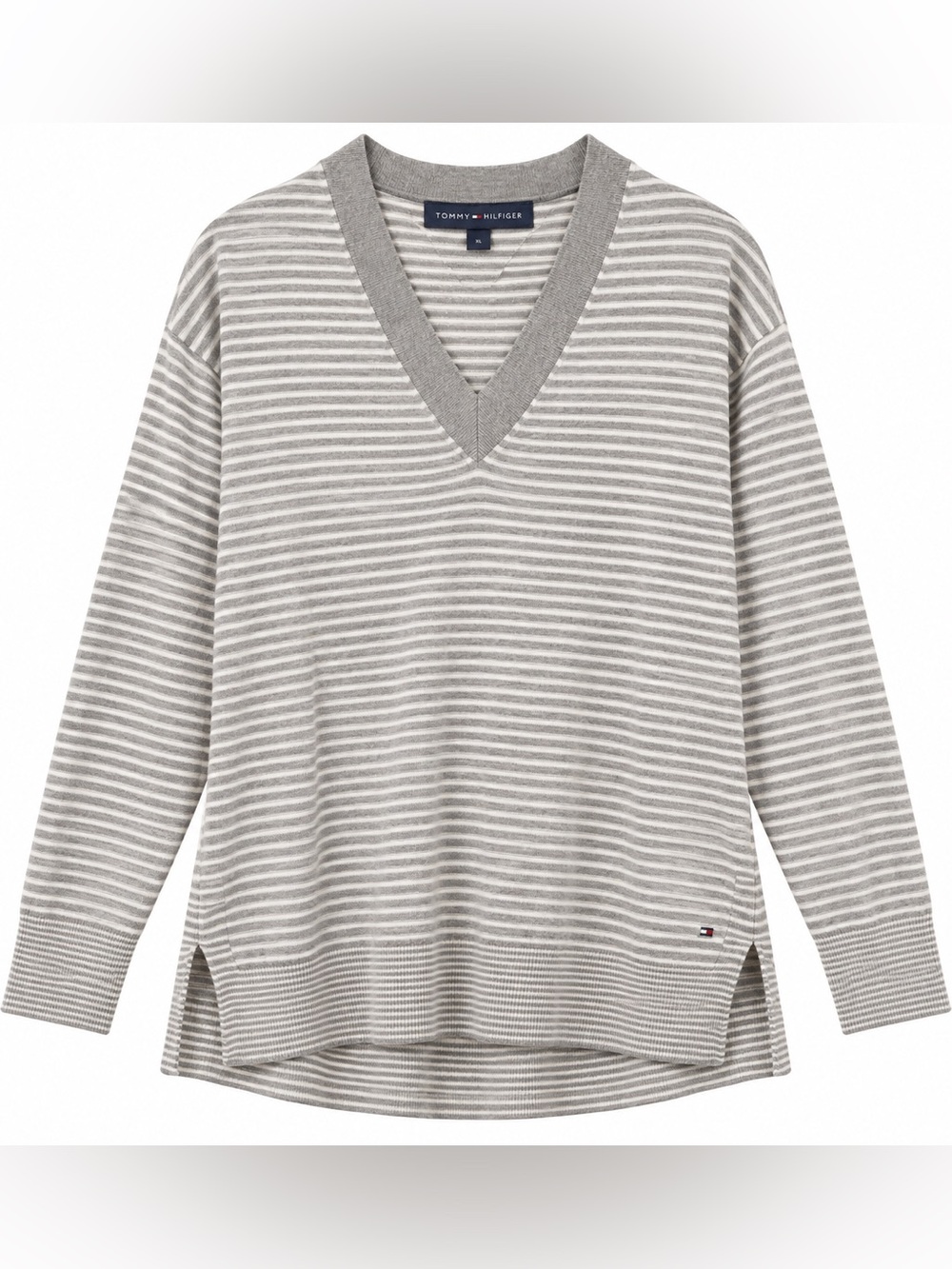 Tommy Hilfiger Sweater Womens XL Gray White Striped V Neck Relaxed Preppy